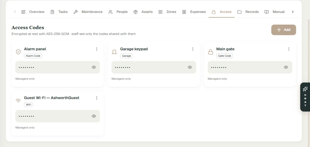 Access codes for a property, each hidden behind a reveal control and marked as visible to managers only