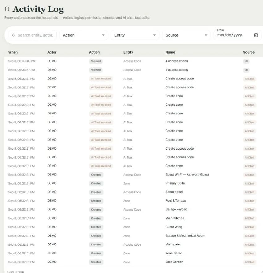 The activity log listing each change with who made it, what it touched and whether it came from the screen or the assistant