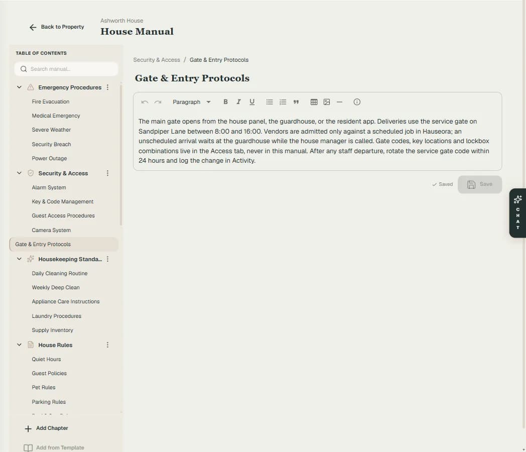 The house manual for a property: a table of contents of chapters and sections beside the open Gate and Entry Protocols page