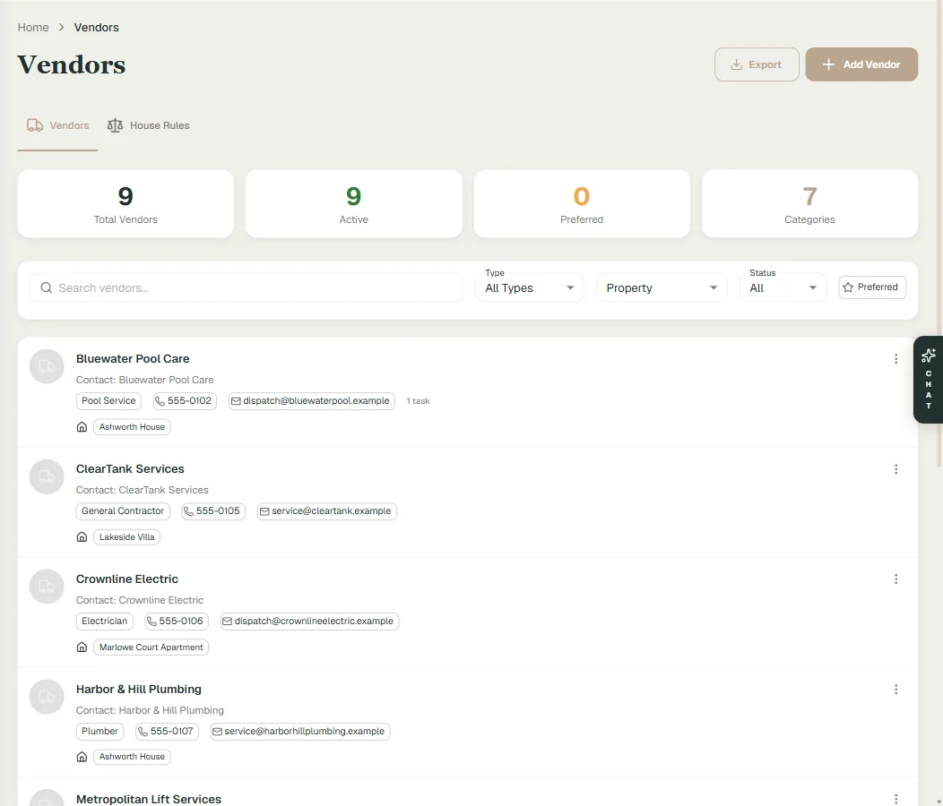 The vendor registry listing service providers with their trade, phone, email and the property they serve