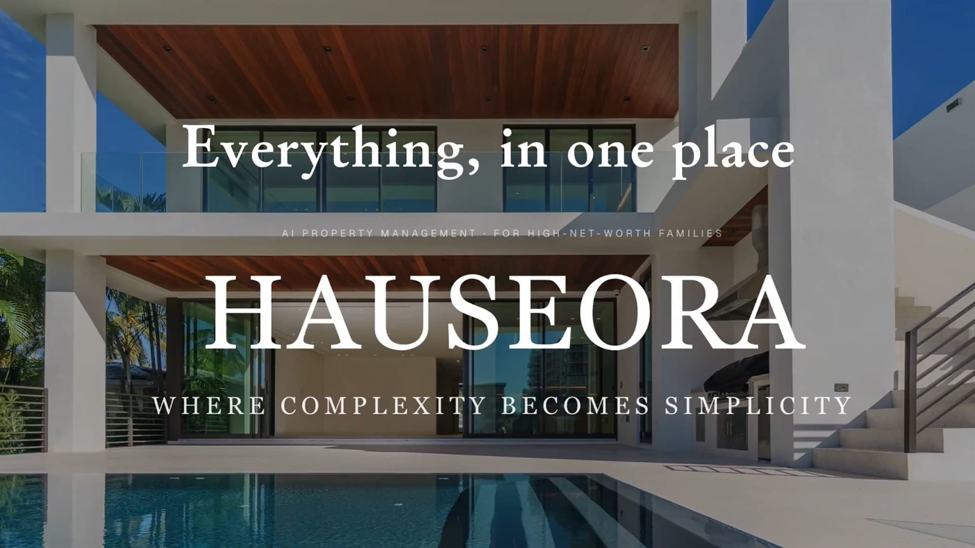 Title card of the Hauseora film — 'Everything, in one place' over a modern estate with the Hauseora wordmark